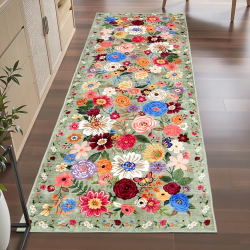Floral Hallway Runner Rug 2x6 for Bedroom Kitchen | Rubber Backing; Non Slip; Soft;Machine Washable; Ideal for Bathroom, Hallway, Laundry Room - color: Green, size: 2' x 6' (Rectangular)
