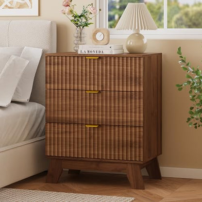 Fluted Nightstand with 3 Large Drawers, Wooden Side End Table with Elevated Legs for Easy Cleaning, Sturdy Modern Beside Table for Small Space, Bedroom, Walnut, 24" L - color: Walnut