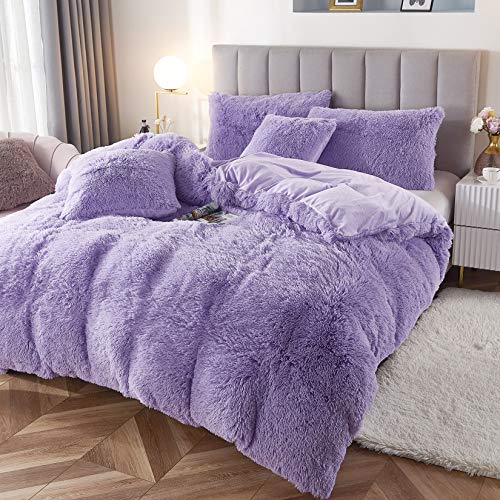 Faux Fur Velvet Fluffy Bedding Duvet Cover Set Down Comforter Quilt Cover with Pillow Shams, Ultra Soft Warm (Lilac, King) - color: Lilac, size: King