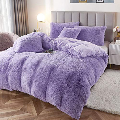 Faux Fur Velvet Fluffy Bedding Duvet Cover Set Down Comforter Quilt Cover with Pillow Sham, Ultra Soft Warm (Lilac, Twin) - color: Lilac, size: Twin