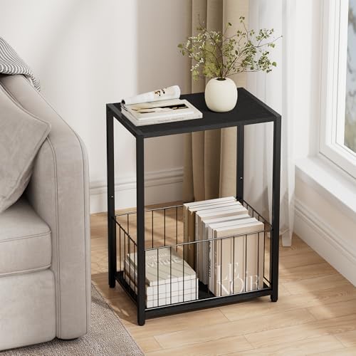 Homleke Side Table with Magazine Holder, Record Player Stand with LP Shelf | LP Storage, Magazine Holder, Easy Assembly, Living Room, Bedroom, Bedside, 11" D x 16.9" W x 23.6" H, Black - color: Black - Large