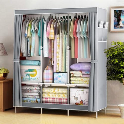 Portable Closet, Storage Organizer Wardrobe, Non-Woven Fabric Cover | 3 Hanging Rods, 6 Storage Shelves and Side Pockets, Free Standing Clothes Rack with Non-Woven Fabric Cover, Grey