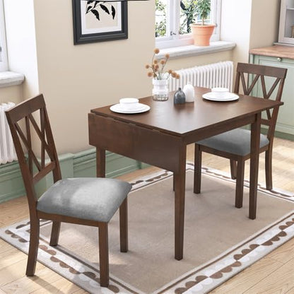 3Pcs Dining Set with Drop Leaf Dining Table and 2 X-Back Chairs, Solid Wood Kitchen Table Set for Small Place, Brown+Grey - color: Brown+grey