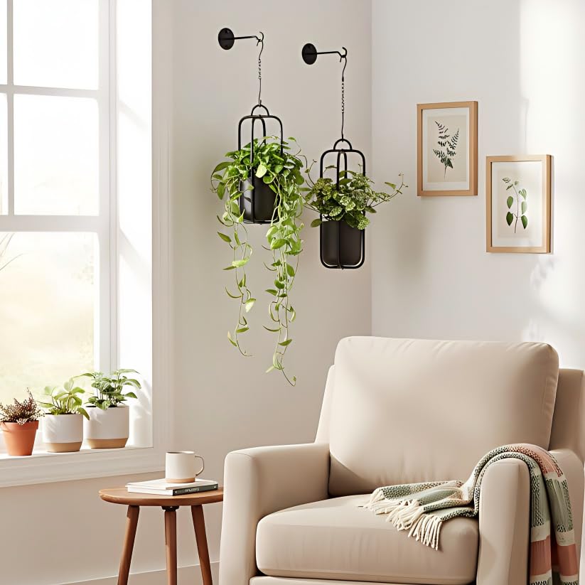 Hanging Planters for Indoor Plants Black Modern Hanging Pots for Plants 5.5 Inch,Metal Hanging Baskets Window Plant Hanger Ceiling Hanging Flower Pots with Chain for Wall Decor