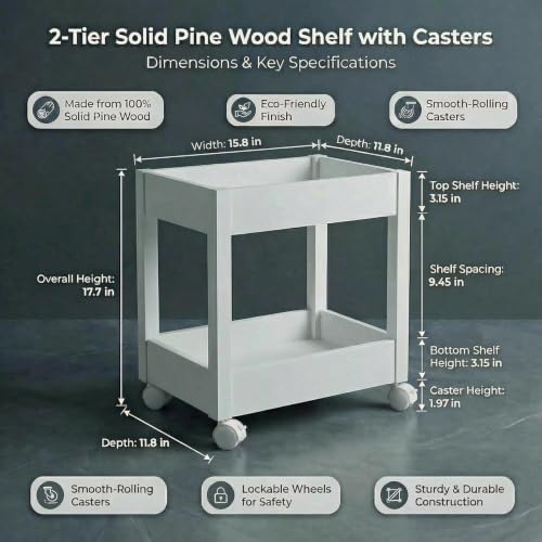 Wooden Rolling Storage Cart 2-Tier Mobile Organizer Small Spaces | Rolling Wooden Utility Cart for Home Bathroom Kitchen Coffee Station Bedroom Office Storage Solution（White）
