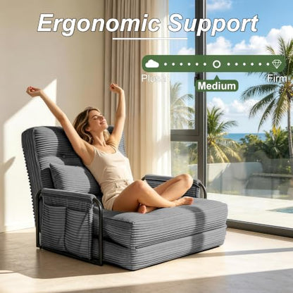 Futon Sofa Bed,Convertible Sofa Bed,Folding Boneless Couches | 3-in-1 Folding Sofa Bed,Boneless Couches for Living Room with Pillow & Side Pocket,High-density Foam,Single Sleeper,Grey - color: Dark Grey, size: Single