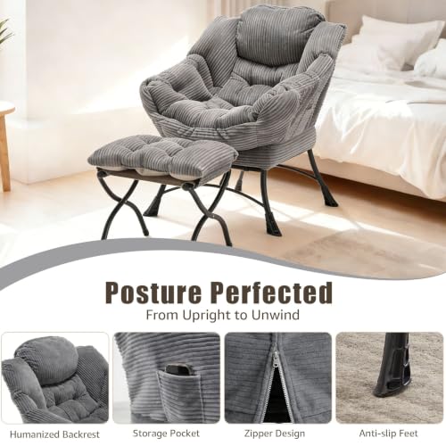 Lazy Chair with Ottoman, Modern Skinny Lounge Chair with Footrest | Foldable Footrest, Padded & Backrest with Side Pocket, Comfy Accent Reading Chair for Living Room & Small Spaces, Dark Gray - color: Dark Gray