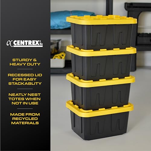 BLACK & YELLOW 5-Gallon Stackable Plastic Storage Bins with Lids, 6 Pack | Small heavy-duty storage totes for garage, closet, classroom & home organization, 8.6H x 12.3W x 16.4D, Black & Yellow