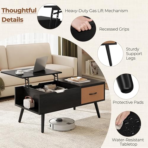 Yaheetech Lift Top Coffee Table for Living Room, Wooden Small Center Tables with Large Storage Shelf Drawer and Hidden Compartment Modern, Black - color: Black