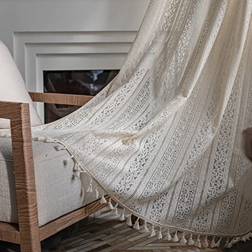 Deeprove Boho Sheer Lace Crochet Curtain 63 Inches Length, Beige Florals Knitting with Handmade Tassels,Macrame Bohemian Farmhouse Window Treatment Drape for Bedroom, Rod Pocket 1 Panel 59" x 63" - color: Beige Crochet 02, size: 59"W x 63"L (Pack of 1)