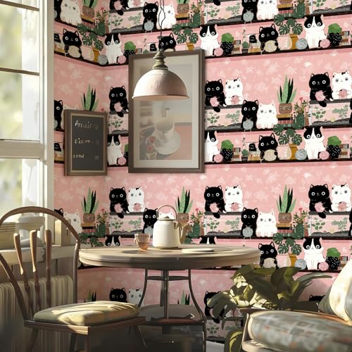 Stickorama Pink Cute Cat Peel and Stick Wallpaper Self Adhesive Removable Waterproof 17.72" x 118.1'' Whimsical Cartoon Mural Accent Renter Friendly for Bedroom Living Room Study - color: WZ-HU0037-3, size: 17.7" x 118.1"