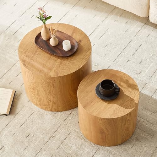 Nesting Coffee Table Set of 2, Modern Round Coffee Table Drum Side Table, Wooden Circle Accent Tables End Tables for Small Spaces Living Room Bedroom Office, No Need Assembly - color: 18.9" & 14.96" Natural