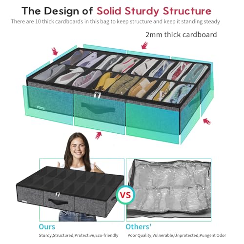 Onlyeasy Sturdy Under Bed Shoe Storage Organizer with Handles and Clear Window Fit 16 to 32 Pairs, Premium Foldable Shoes Container Box for Closet, 37.7x 23.6x 5.9 inch, Cotton-like Black, MXBUBS16P2 - color: 2 Shoes (16+16 Cells) Cotton-like Black