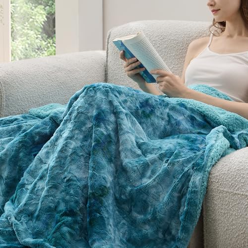 Bedsure GentleSoft Sherpa Fluffy Throw Blanket - Fleece Warm and Cozy Throw for Women Gift, Plush & Fuzzy Faux Fur Christmas Blanket for Couch, Sofa, Bed Decor, Tie Dye Design, Teal, 50x60 Inches - color: 05 - Teal, size: Throw (50" x 60")