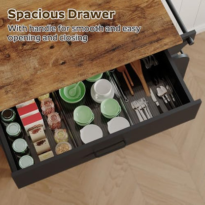 Kitchen Island with Storage, Mobile Kitchen Cart with Charging Station, Kitchen Island on Wheels, Rolling Island Table with Sliding Cabinet Door, Black and Rustic Brown ZD01UBR - color: Rustic Brown + Black