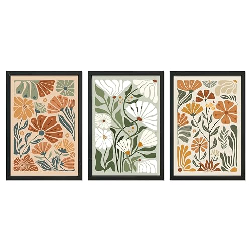 Boho Wildflower Wall Art 3pc, 11x16 Framed Abstract Floral Botanical Prints | Black Wood Frame With Vintage Farmhouse Style. Versatile Decor for Living Room, Bedroom, Office. Designed for Nature Lovers. - color: Wildflowe Floral Botanical (Black), size: 1