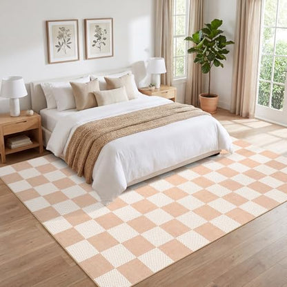 GarveeHome Checkered Blush Beige 8x10 Washable Rug Low-Pile Bedroom Nursery | Non-Slip Blush Beige Soft Stain Resistant Rug for Bedroom Bathroom Living Room Geometric Modern Rug TPE Backing - color: Blush Beige, size: 8' x 10' (Rectangular)