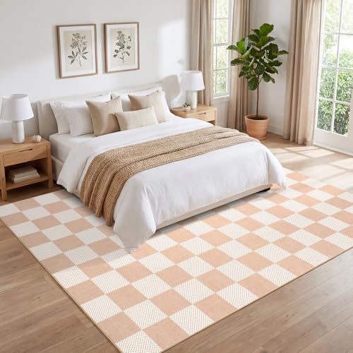 GarveeHome Checkered Blush Beige 8x10 Washable Rug Low-Pile Bedroom Nursery | Non-Slip Blush Beige Soft Stain Resistant Rug for Bedroom Bathroom Living Room Geometric Modern Rug TPE Backing - color: Blush Beige, size: 8' x 10' (Rectangular)