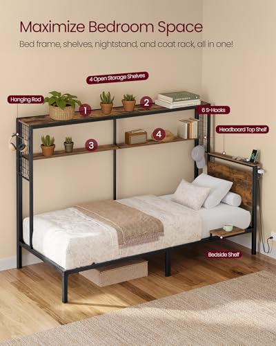 VASAGLE Twin Size Metal Bed Frame with Headboard, Multifunctional Storage, Built-in LED Lights, Charging Station, Bookshelf, Bedside Shelf, Space-Saving, No Box Spring Needed, Rustic Brown URMB963K02 - color: Rustic Brown