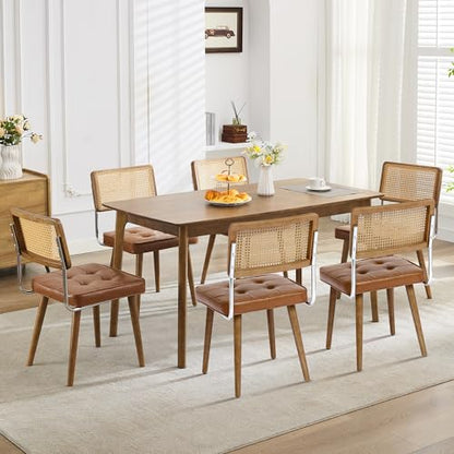 GarveeHome Natural Rattan Dining Chairs Set of 6, PU Upholstered Kitchen Chairs with Tall Cane Backrest and Strong Wood Legs for Dining Room, Kitchen, Restaurant, Brown - color: Brown, size: 6 PCS