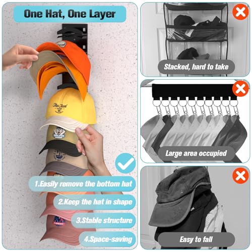 Hat Organizer for Baseball Caps 2Pack, Hat Rack for Wall with Strong Adhesive Hold up to 20 Hats, Hat Hanger Holder Display for Door Closet, Cap Organizer Storage Multilayer Two Mounting Option(Black) - color: Black, style: 2pcs-matte