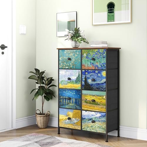 EXOTICA Tall Dresser with 8 Drawer for Bedroom Narrow Van Gogh Chest of Drawers for Hallway Closet Living Room Steel Frame Rustic Brown Wood Grain Wood Top - size: 26.6"D x 11.8"W x 39.4"H (8 Drawers)