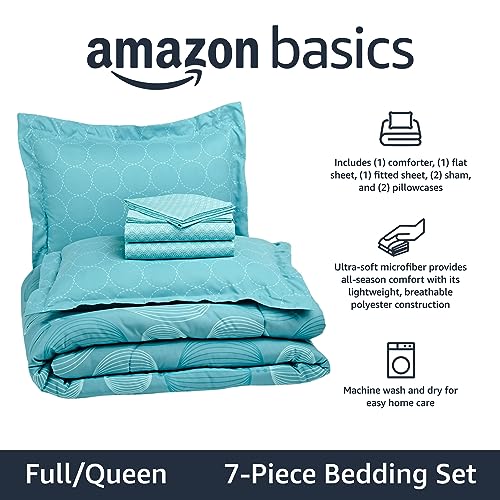 Amazon Basics Full/Queen Comforter Set with Geometric Sheets, 7-Piece Industrial Teal Bedding, Lightweight Microfiber Bed-in-a-Bag - color: Industrial Teal, size: Full/Queen, style: 1-Pack