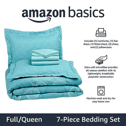 Amazon Basics Full/Queen Comforter Set with Geometric Sheets, 7-Piece Industrial Teal Bedding, Lightweight Microfiber Bed-in-a-Bag - color: Industrial Teal, size: Full/Queen, style: 1-Pack