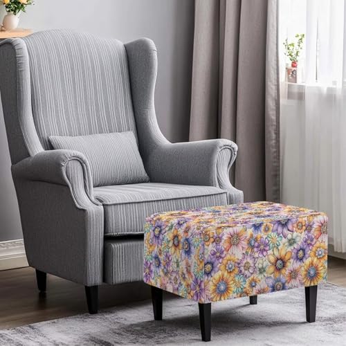 Boho Flower Ottoman Slipcovers Stretch Rectangle Footrest Stool Covers Ottoman Cover for Foot Stool Furniture Protector with Non Slip Elastic Bottom - color: Boho Flower, size: Medium