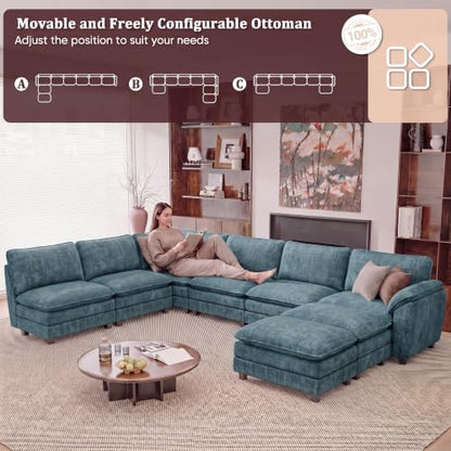 JUMMICO 232" Oversized Sectional Couch, Modular Cloud Sofa, Dark Blue | Comfy Chenille, 2 Movable Ottoman, Deep Seat, Double Layer Cushion, 6 Seat, High-Density Foam, for Living Room - color: Dark Blue, size: Oversized Sofa