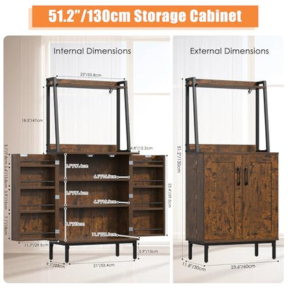 51" Kitchen Pantry Cabinet, Kitchen Storage Cabinet with Microwave Shelves, Small Coffee Bar Cabinet, Modern Kitchen Hutch with Microwave Stand, Adjustable Shelves, Food Pantry Cabinet for Dining Room - color: A-51" Retro Brown