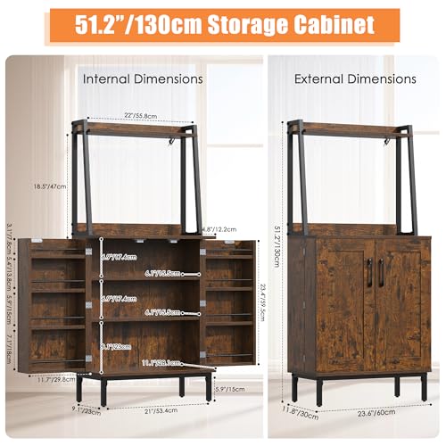51" Kitchen Pantry Cabinet, Kitchen Storage Cabinet with Microwave Shelves, Small Coffee Bar Cabinet, Modern Kitchen Hutch with Microwave Stand, Adjustable Shelves, Food Pantry Cabinet for Dining Room - color: A-51" Retro Brown