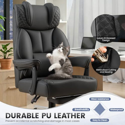 BestGlory Office Desk Chair, Big and Tall Leather Gaming Chair with Footrest, Ergonomic Comfy Executive High-Back Reclining Computer Chairs, Wide Swivel Rolling Wheels and Padded Lumbar Support, Black - color: Black 2.0, style: Freely Reclining