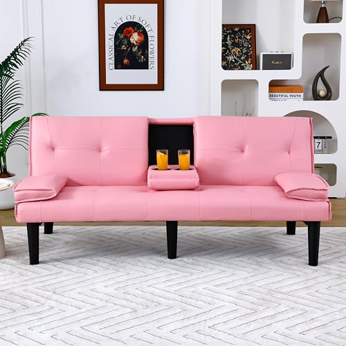 67" Futon Sofa Bed, Convertible Leather Futon Couch (Pink) | Sleeper Bed Couches with Adjustable Backrest, Cup Holders, Comfy Folding Loveseat Couch for Small Spaces Living Room Office - color: Pink