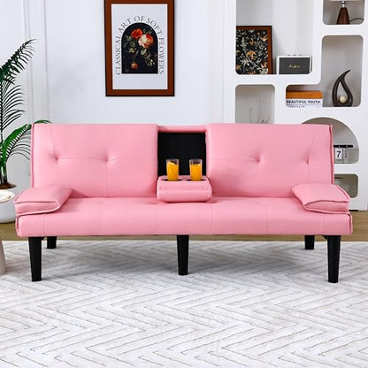 67" Futon Sofa Bed, Convertible Leather Futon Couch (Pink) | Sleeper Bed Couches with Adjustable Backrest, Cup Holders, Comfy Folding Loveseat Couch for Small Spaces Living Room Office - color: Pink