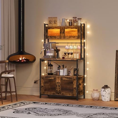 HOOBRO Bakers Rack with Storage Cabinet, 5-Tier Coffee Bar with Power Outlet and LED Lights, Industrial Microwave Oven Stand with Shelves, Kitchen Storage Shelf, Rustic Brown and Black BF13UDHB01 - color: Rustic Brown + Black