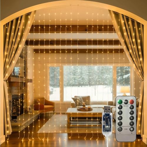 Curtain Lights for Bedroom & Romantic Decor - 300 LED Fairy String Lights with Remote, 8 Modes Timer, USB Plug in Waterproof for Cozy Backdrop Wedding Indoor Wall, 9.8ft x 9.8ft, Hanging Lights - color: Warm White