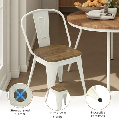 18 Inch White Dining Chairs Set of 4, Farmhouse Metal Chairs with High Back and Wooden Seat, Stackable Industrial Bar stools for Dining Room (White) - color: White