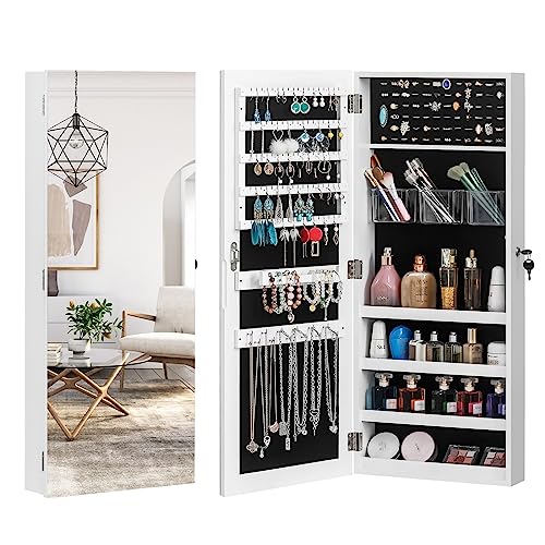 35.4" Wood Jewelry Mirror Cabinet,Wall or Door Mounted Jewelry Storage Cabinet,Space-Saving Large Jewelry Armoire Organizer,with Lock & Full-Length Mirror,for Living Room, Bedroom, Cloakroom (White) - size: 37x10x90cm
