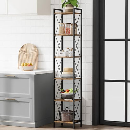 Homhedy 6 Tier Small Bookshelf, Tall Narrow Bookcase, Metal Book Shelf | Industrial Style for Small Spaces, Home, Office, Living Room, Kitchen, Bedroom , 10.4" D x 13" W x 67.4" H, Rustic Brown - color: Rustic Brown, size: 10.4"D x 13"W x 67.4"H