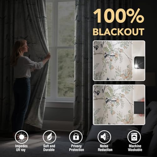 H.VERSAILTEX 꽃무늬 100% 암막 빈티지 커튼 243.8cm(96인치) 길이 패널 2개 세트 프린트 패턴 커튼 드레이프 단열 햇빛 차단 커튼 침실 거실용, 페일 아쿠아/블랙 - color: 페일 아쿠아/블랙, size: 52"W x 96"L (Pack of 2)
