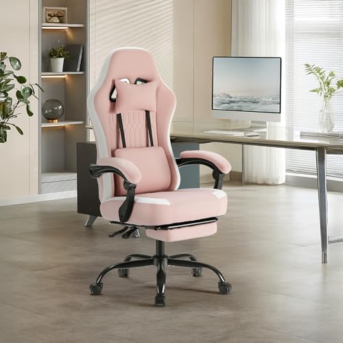 Sweetcrispy Video Game Chair, Ergonomic Computer Desk Chair, Lumbar Support | Footrest, Height Adjustable, Linkage Armrests, Headrest, High Back, 360° Wheels, Pink - color: Pink