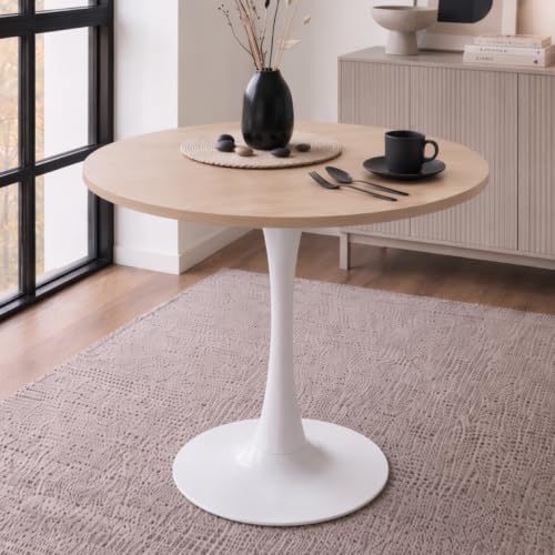31.5" Small Round Dining Table for 2, [Sturdy Metal Tulip Base] Modern Circle Kitchen Table, for Dining Room Apartment Office Space Saving - color: Natural With White Base, size: 31.5"