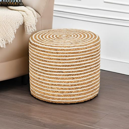 Wimarsbon 18'' Ottoman Pouf, Natural Braided Poof, Rustic Handweave Lounge Pouffe, Boho Footrest Stool for Bedroom, Accent Table or Seat for Living Room (Natural Water Hyacinth + White Cotton Rope) - color: 18inch Natural Water Hyacinth + White Cotton Rop