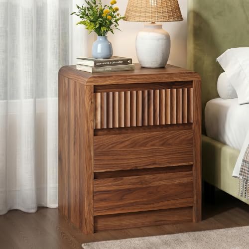 LYNSOM Fluted Nightstand Set of 2, Wood End Table with 3 Drawer, Walnut | Mid Century Modern Night Stand with Stoarge, Bedside Table with Curved Profile Design for Living Room, Office, 20" W - color: Walnut, size: 3 Drawers
