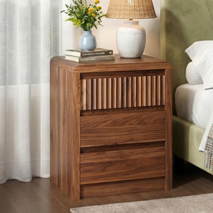 LYNSOM Fluted Nightstand Set of 2, Wood End Table with 3 Drawer, Walnut | Mid Century Modern Night Stand with Stoarge, Bedside Table with Curved Profile Design for Living Room, Office, 20" W - color: Walnut, size: 3 Drawers
