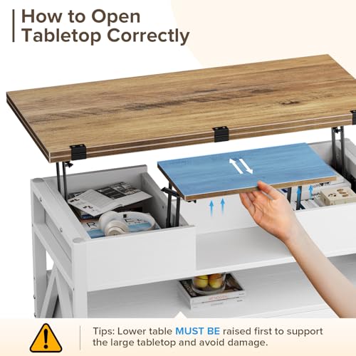 40" Lift Top Coffee Table with Storage,White | 4 in 1 Multi-Function Lifting top Coffee Tables with Storage Drawers and Hidden Compartmen,for Living Room - color: White+brown