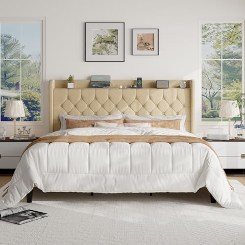 SHA CERLIN King Size Platform Bed Frame with Charging Station, Linen Wingback Headboard with Storage Shelf, Wooden Slats Support, Ample Under-Bed Space, No Box Spring Needed, Easy Assembly, Beige - color: Beige, size: King