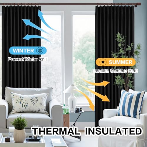 102 Inches Long Curtains Total Blackout Pinch Pleated Drapes Black Linen Textured Farmhouse French Curtains for Living Room Thermal Room Darkening Window Curtain 72 by 102 - color: Black, size: 72"W x 102"L (Pack of 1)
