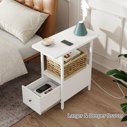 LIDYUK End Table with Charging Station, Narrow Side Table with Drawer | Equipped with USB Ports & Power Outlets, Nightstand Bedside Tables for Small Spaces, Bedroom, Living Room, White - color: White, size: Pack of 2